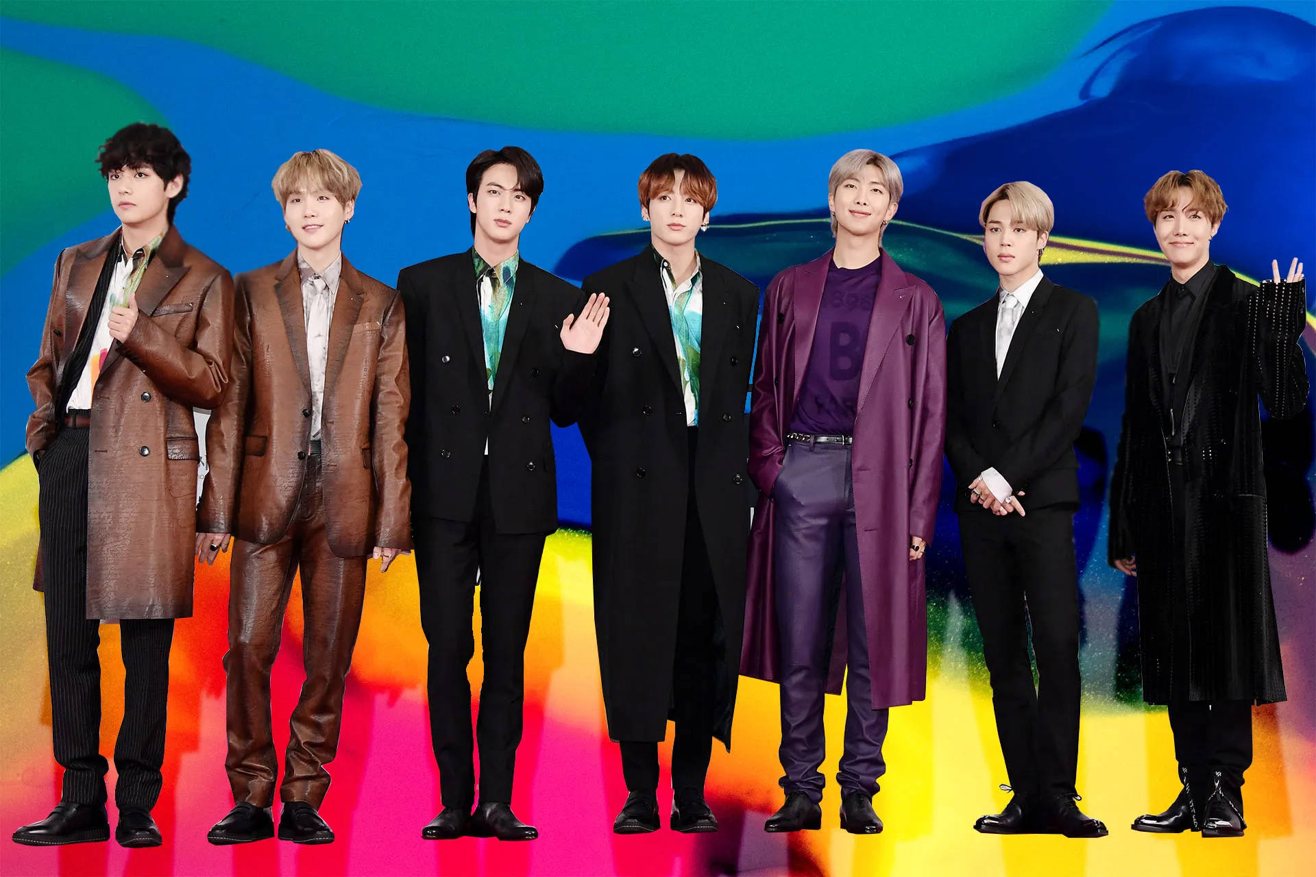 Cute Bts Group On Stage With Rainbow Backdrop Background