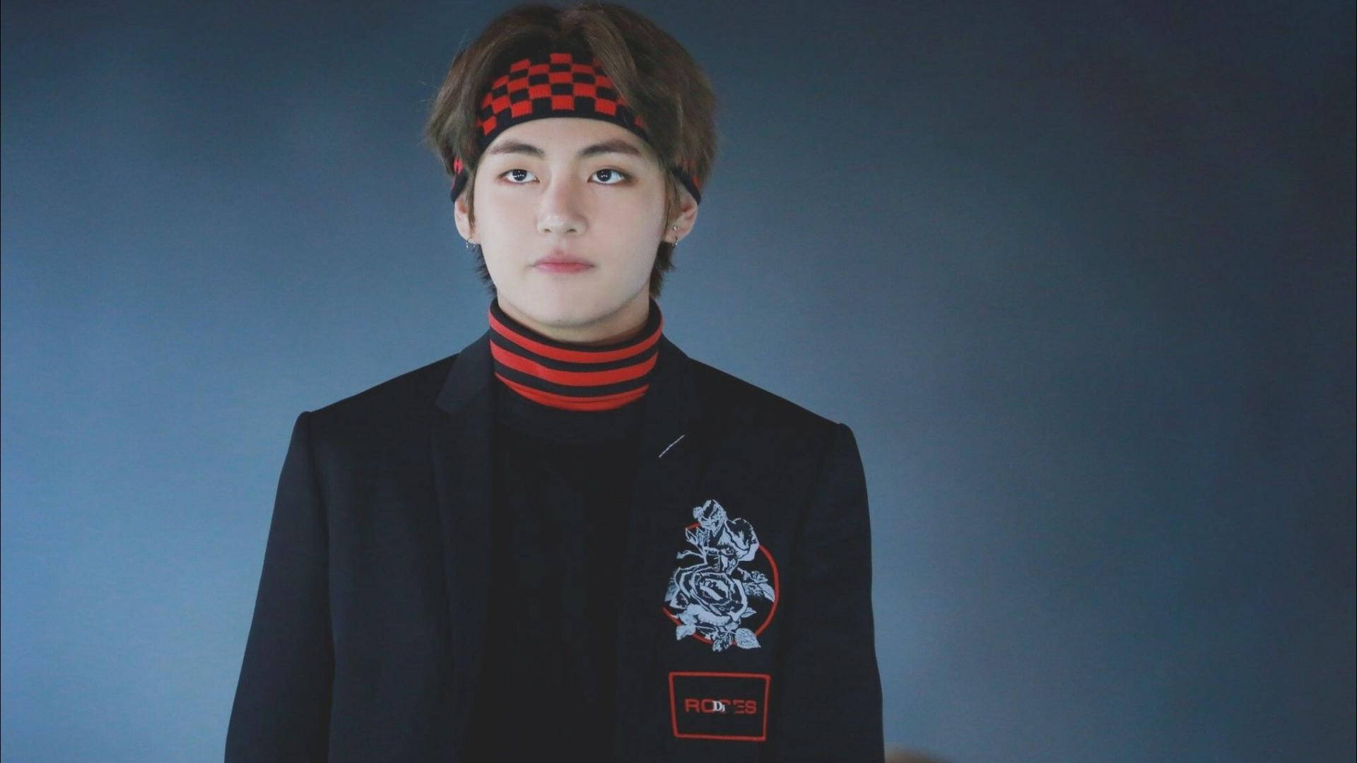 Cute Bts V In Black And Red Wallpaper