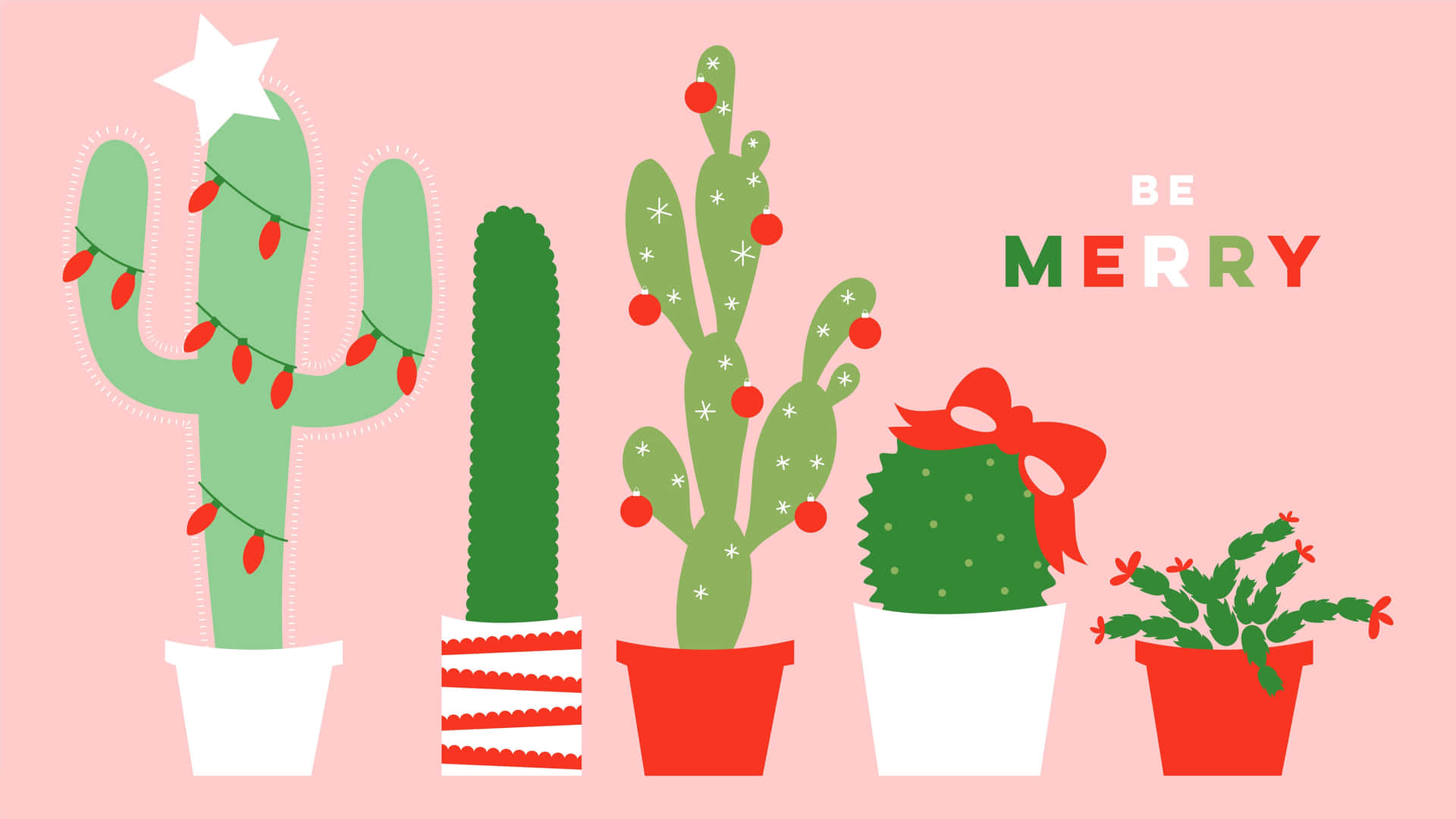 En julekort med kaktusplanter og julelys Wallpaper