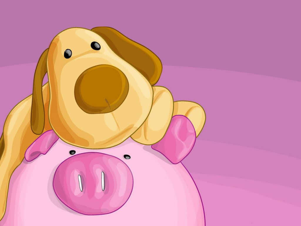 En hund og svin siddende på en pink piggy bank Wallpaper