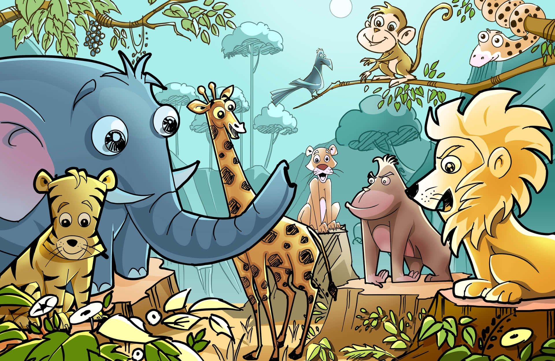 Animalesde Caricatura Lindos En La Selva Fondo de pantalla