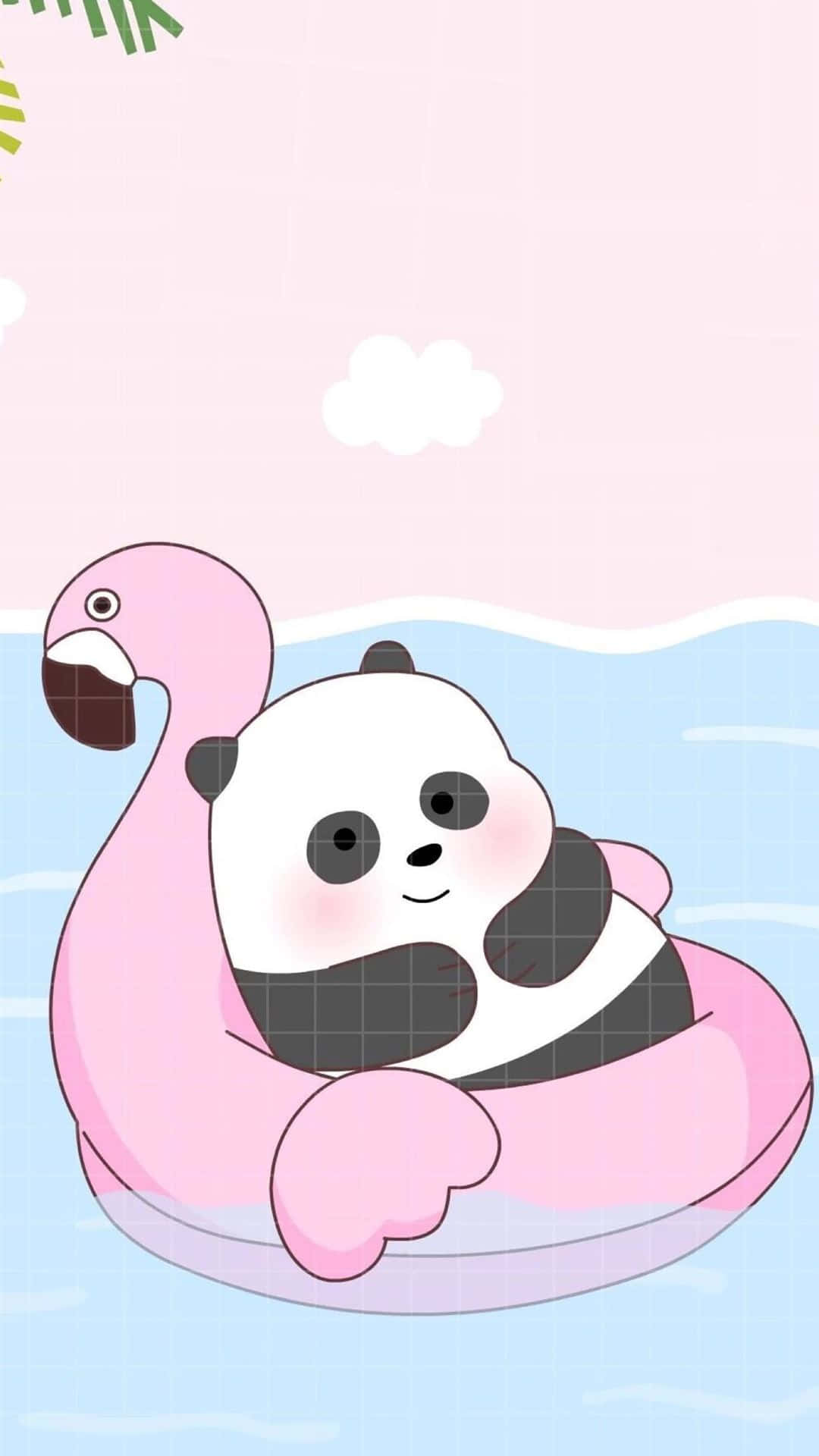 En pandabjørn flyder i en himmel fyldt med pink flamingoer Wallpaper