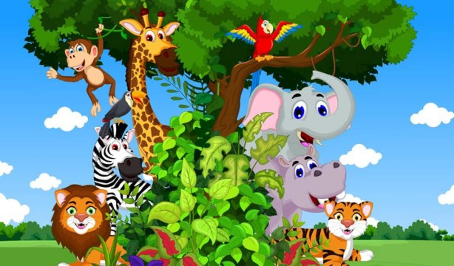 Cute Cartoon Animals With Large Tree Picture