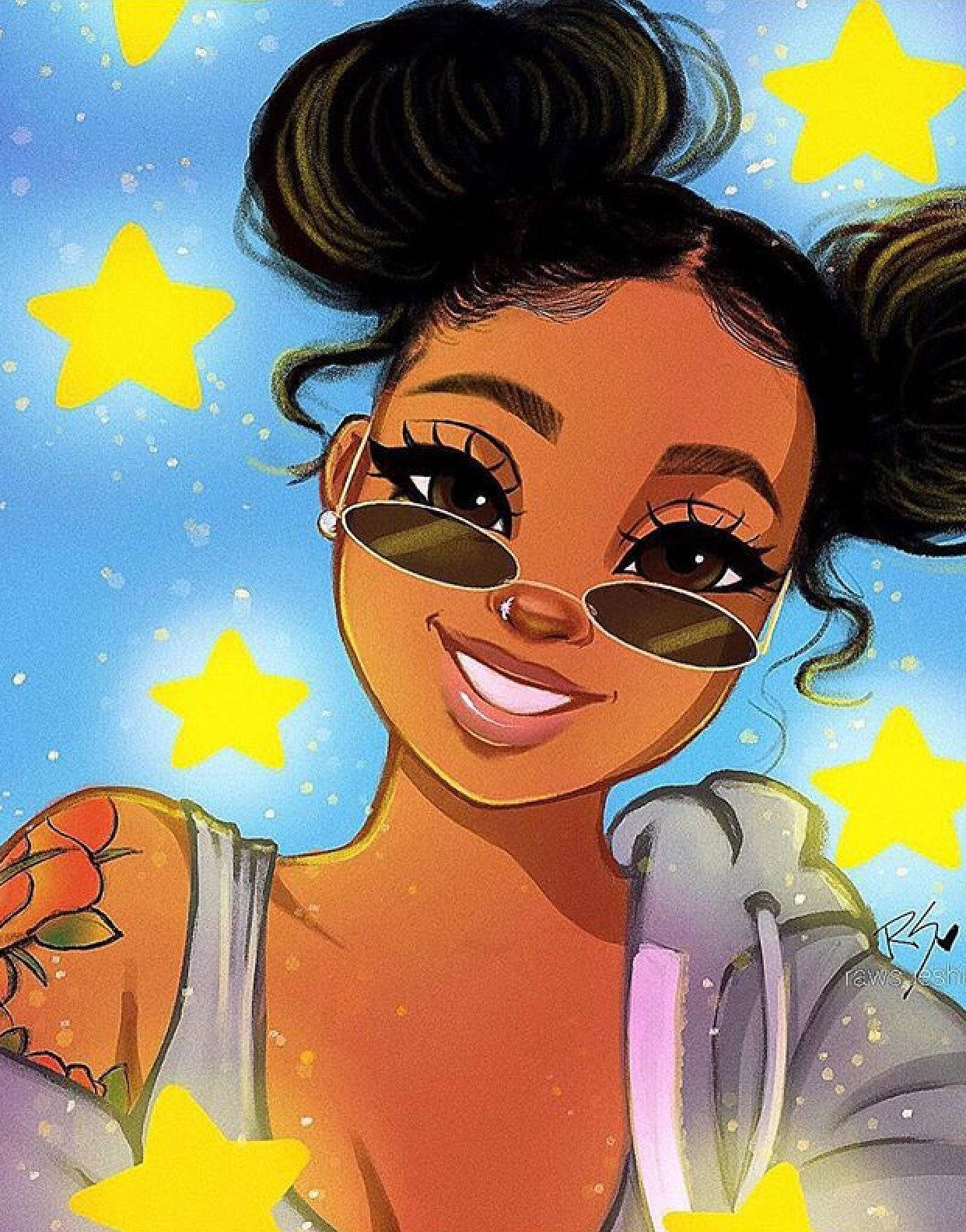 Cute Cartoon Black Girl And Stars Wallpaper
