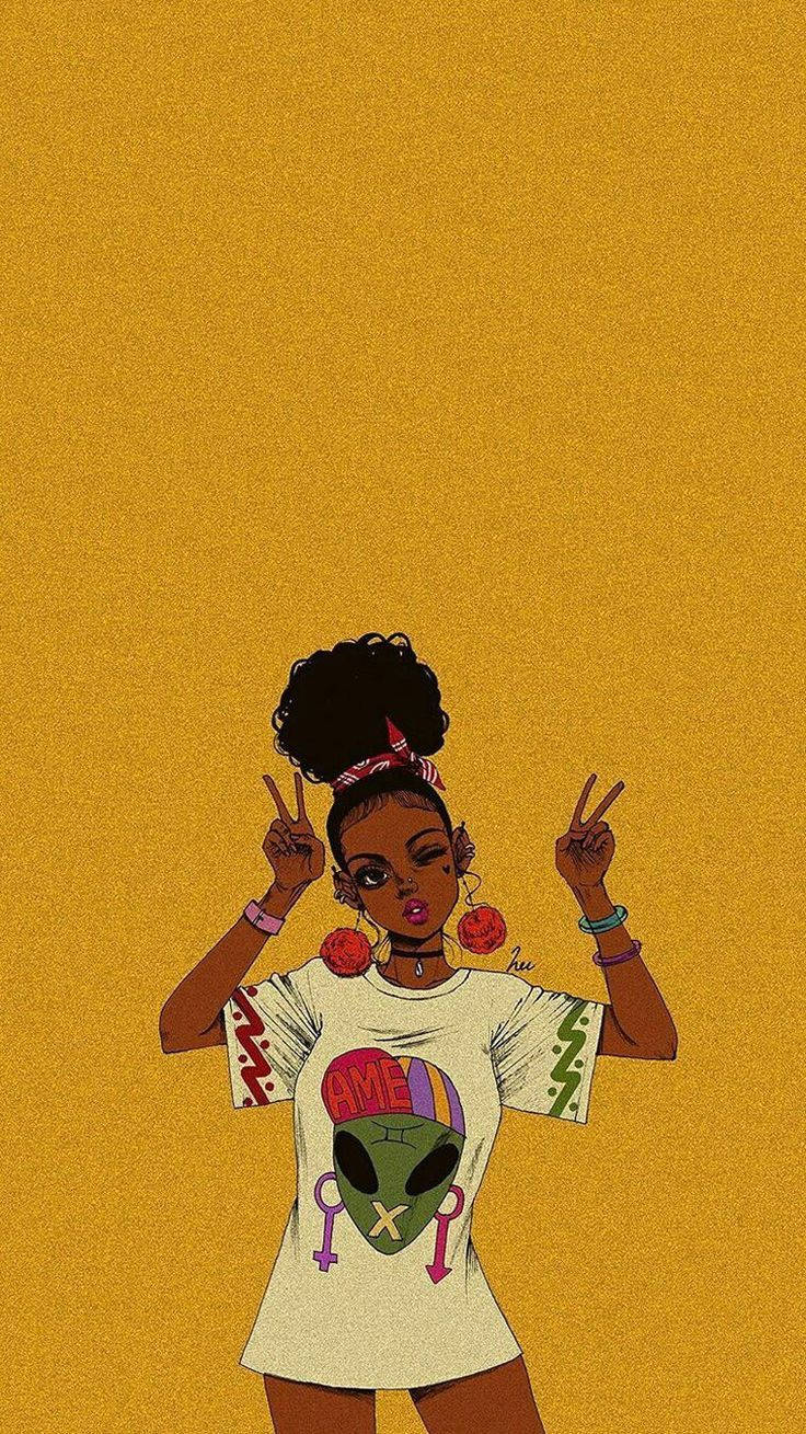 Sød tegnefilm sort pige der laver fredstegn Wallpaper