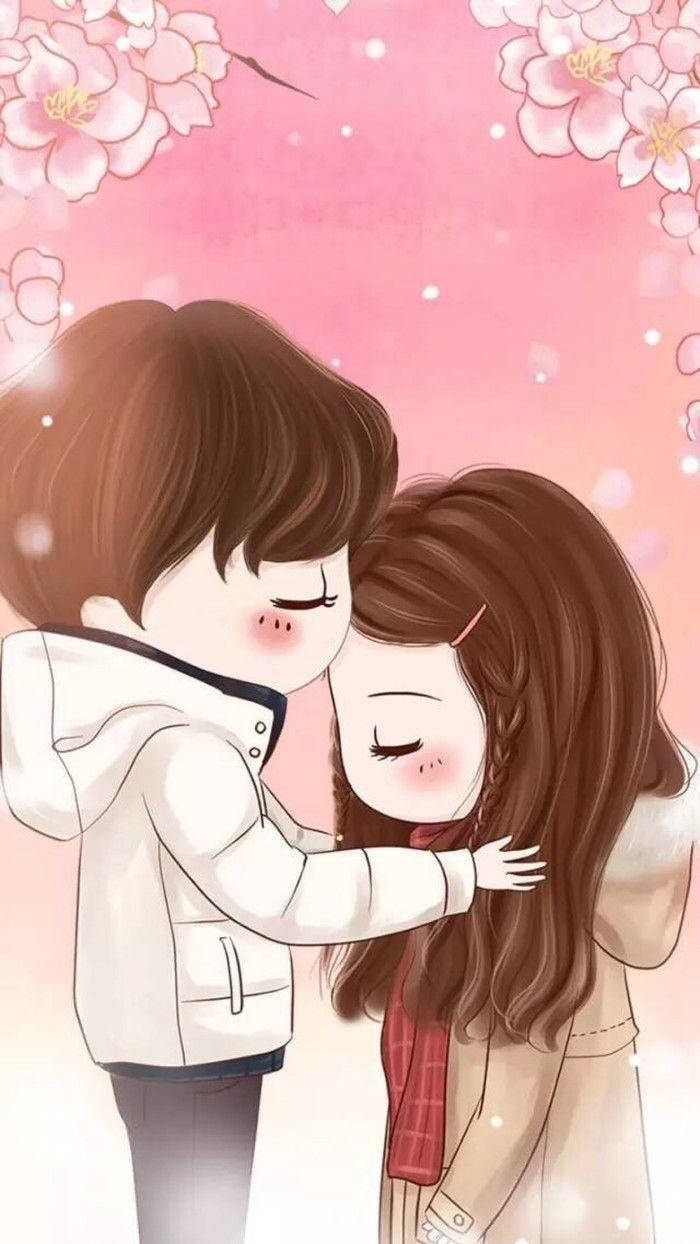Cute Cartoon Couple Kissing Under Cherry Blossoms