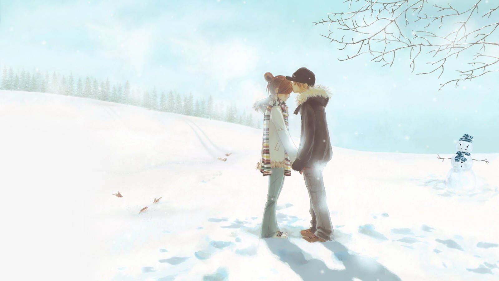 Cute Cartoon Couple On Snow