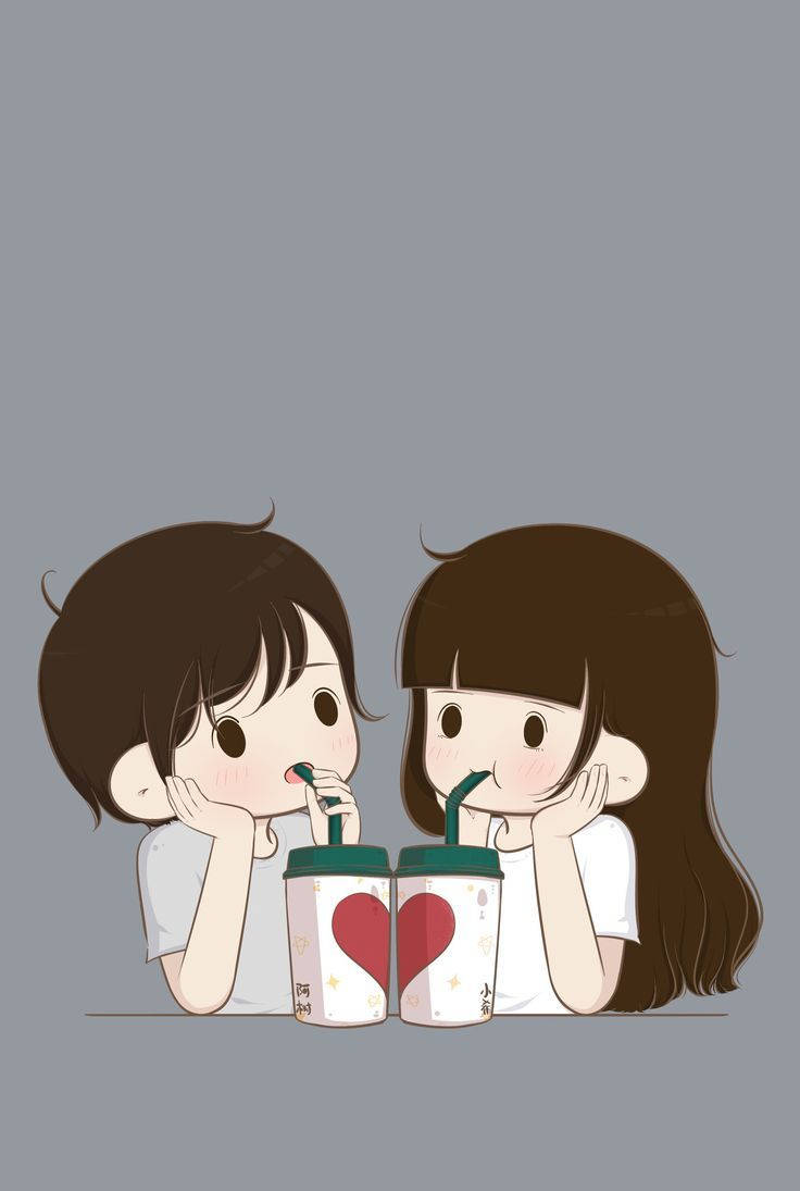 Download Cute Cartoon Couple Sipping From Tumblers Wallpaper |  