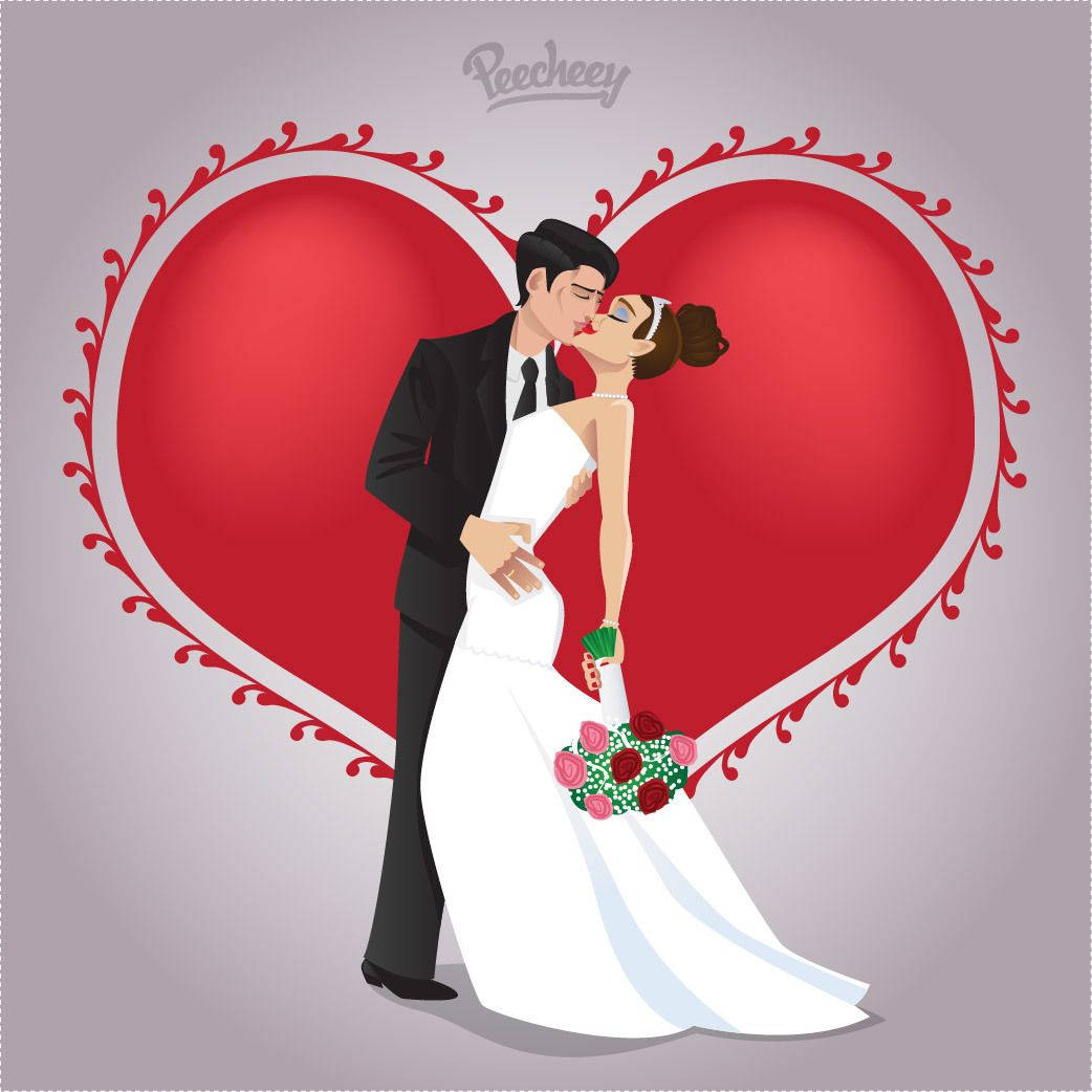 Cute Cartoon Couple Wedding Heart Wallpaper