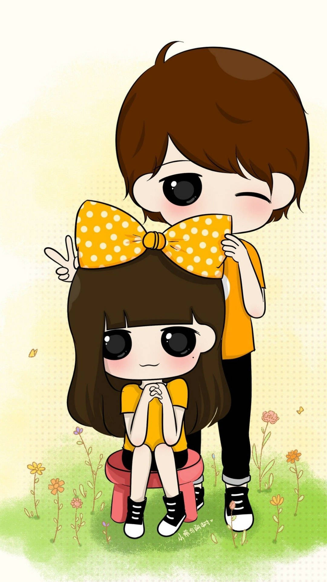 Cute Cartoon Couple Yellow Ribbon Wallpaper