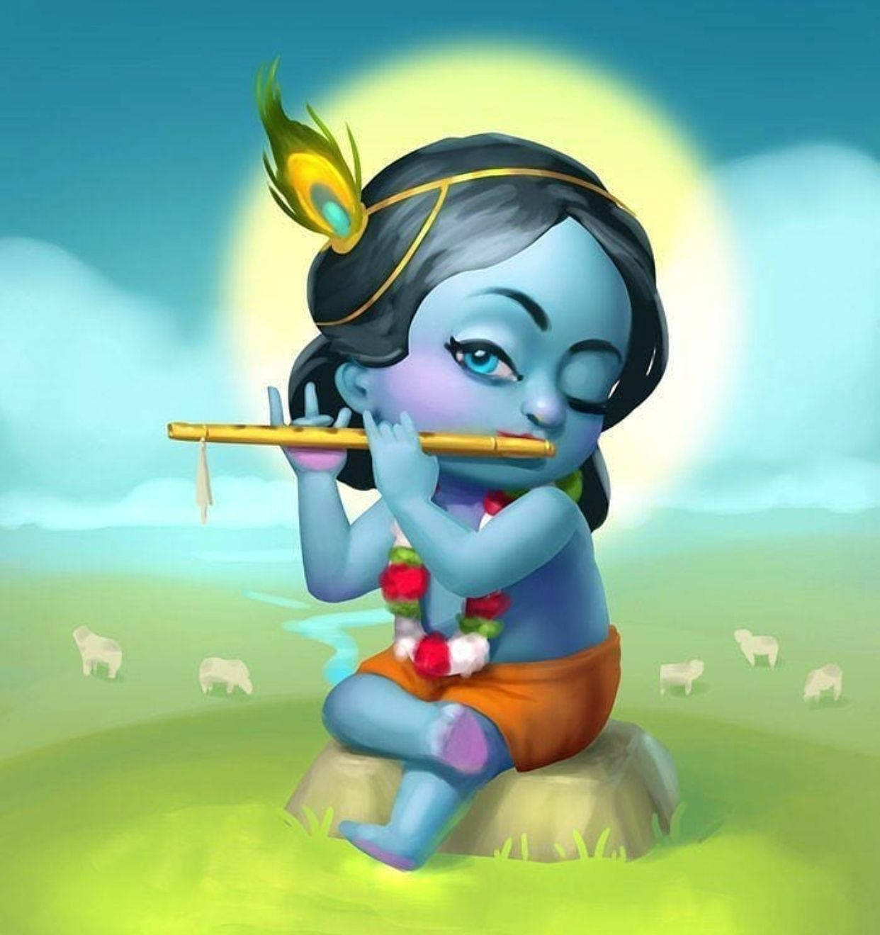 Sød tegneserie Krishna med fløjte Wallpaper