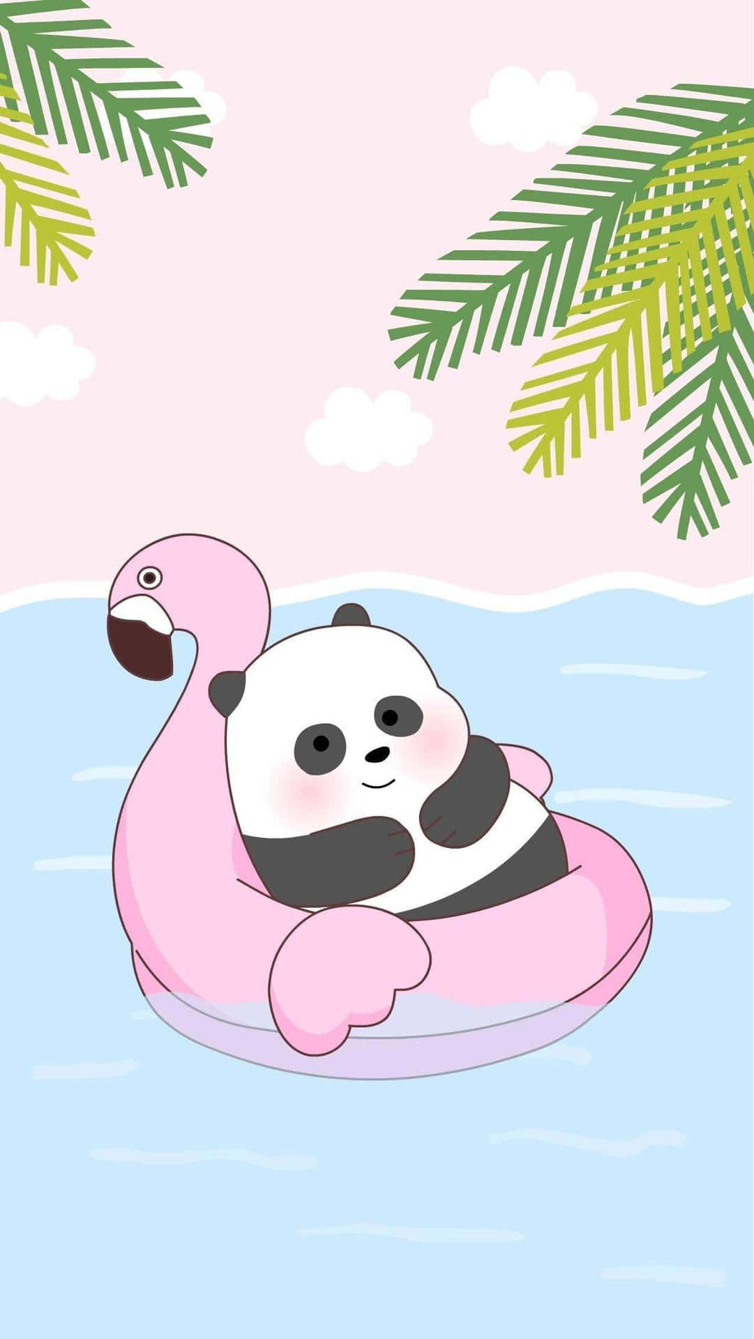 Söttecknad Panda Och Flamingo Till Dator Eller Mobilbakgrund. Wallpaper