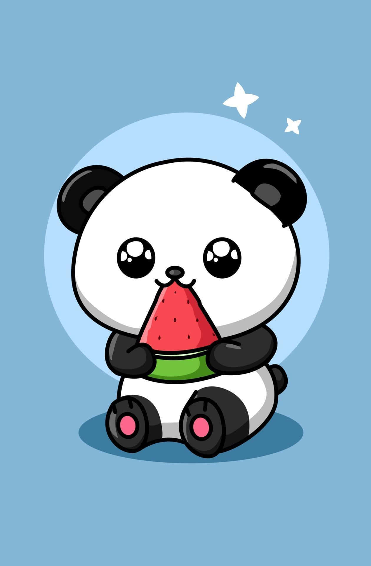Cute Cartoon Panda Eating Watermelon Wallpaper