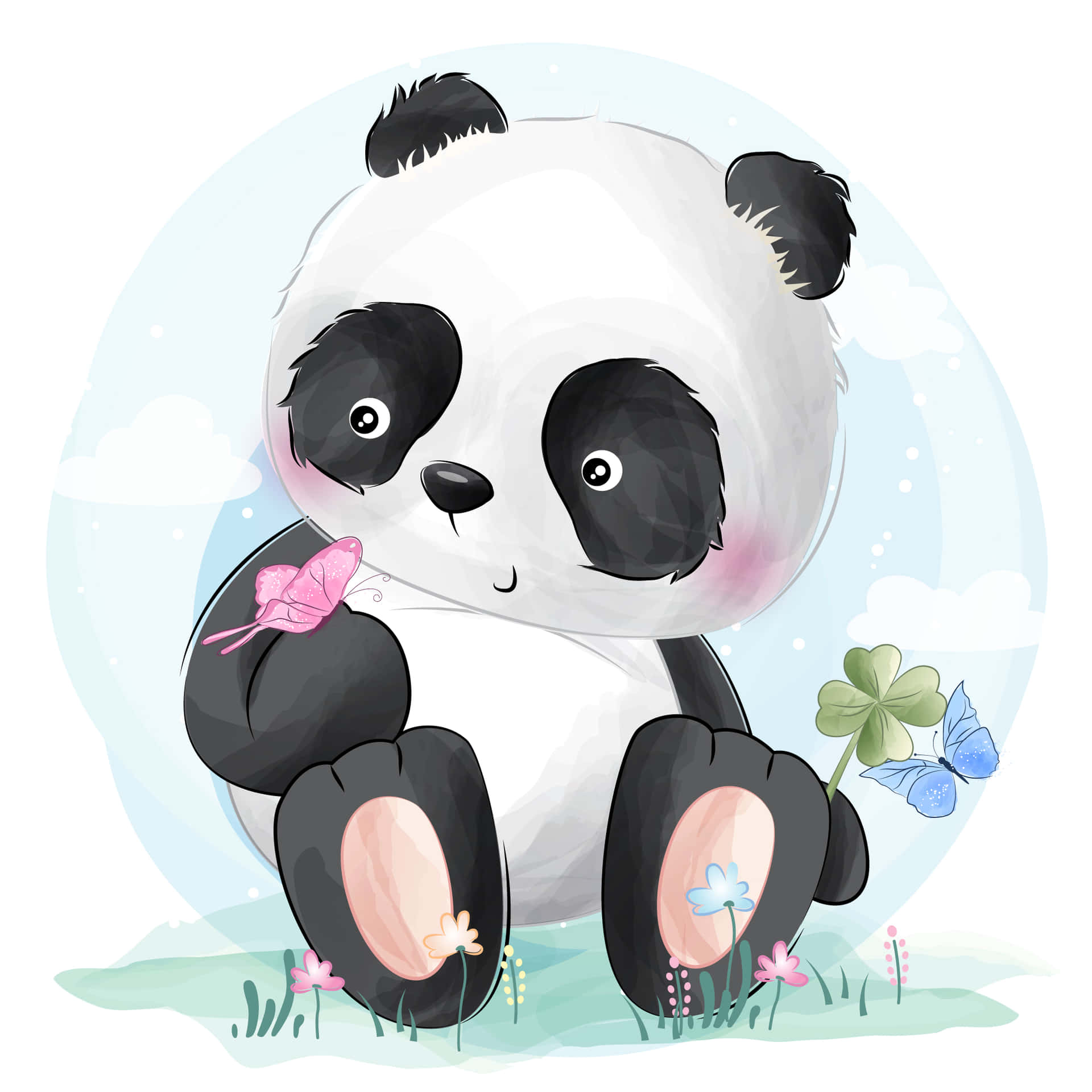 Cute Cartoon Panda With Butterflies Background