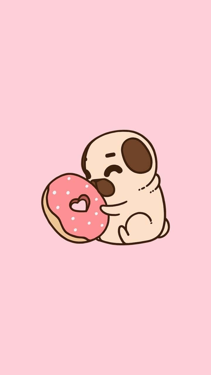A Pug Dog Eating A Donut On A Pink Background