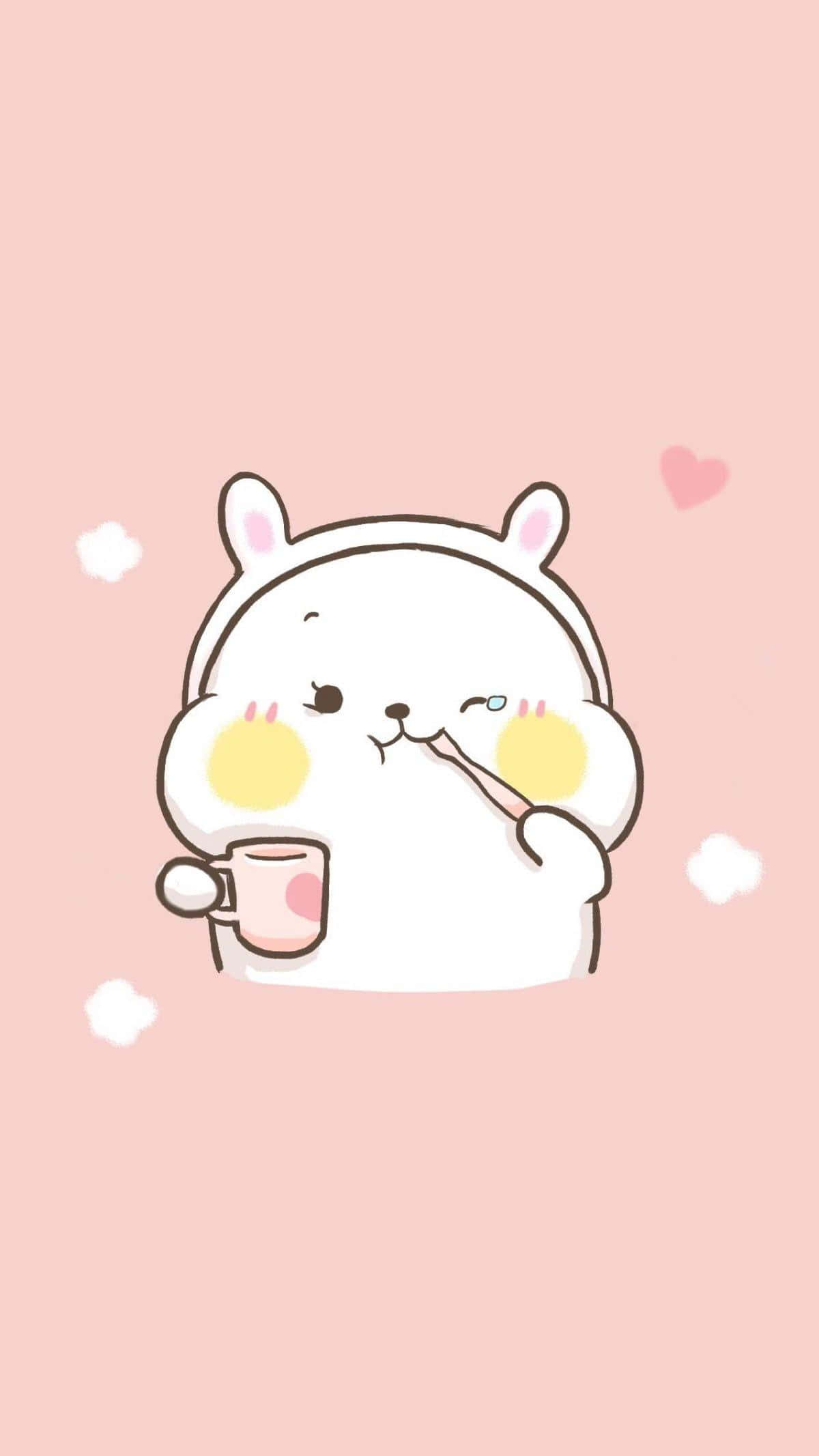 A Cute Kawaii Bunny With A Cup Of Coffee