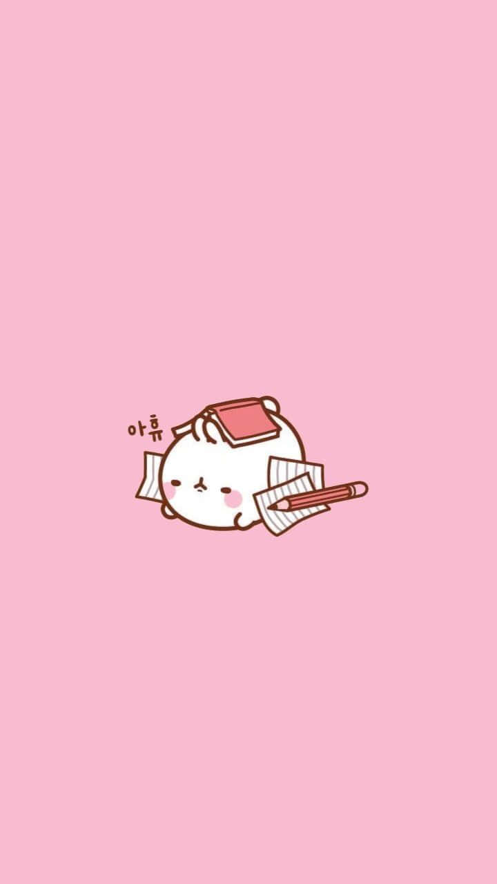 A Cute Kawaii Cat Laying On A Pink Background