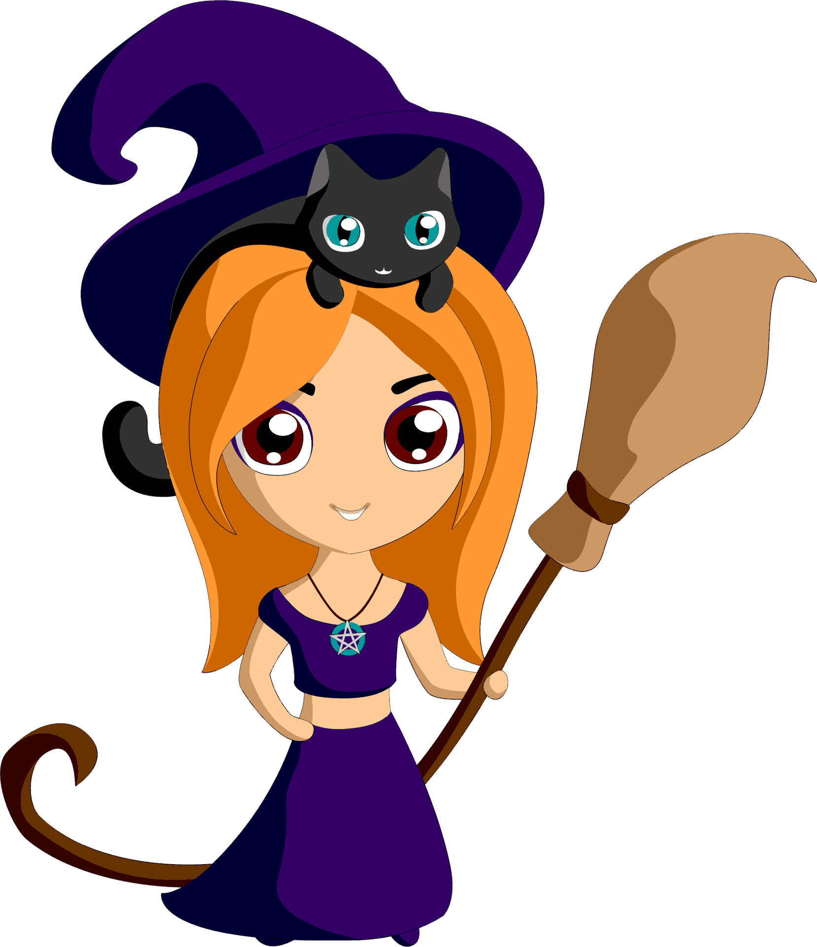 Cute Cartoon Witchwith Black Cat PNG