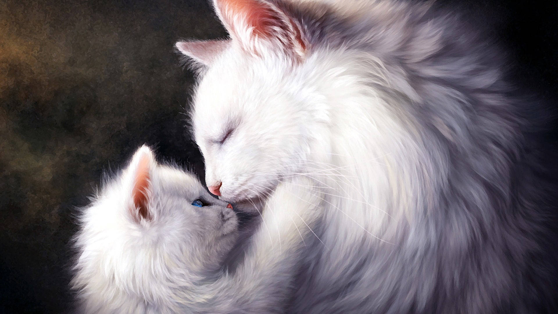 Sød kat kærlighed kysse kaninmaleri Wallpaper