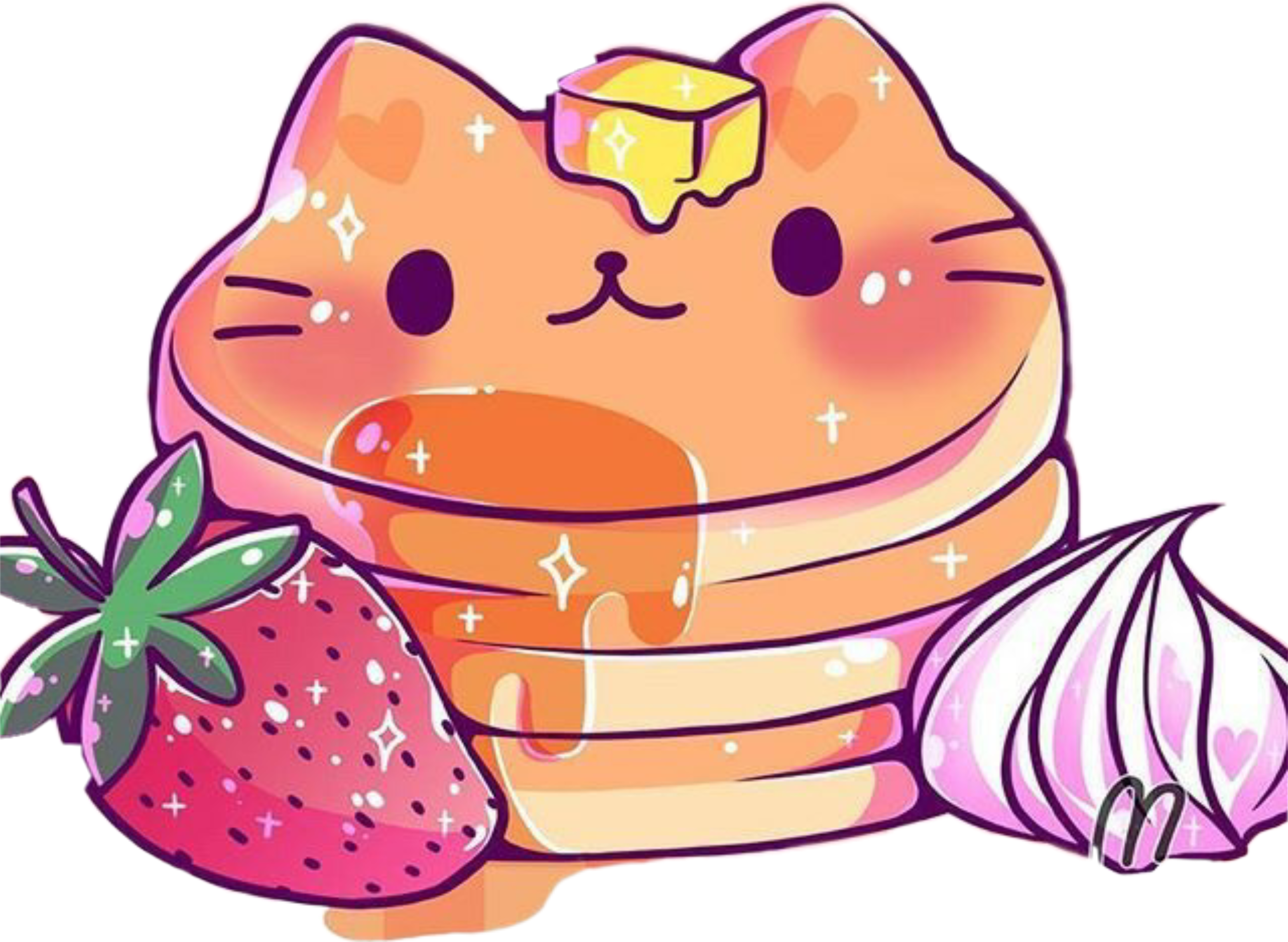 Cute Cat Pancake Strawberry Onion Illustration PNG