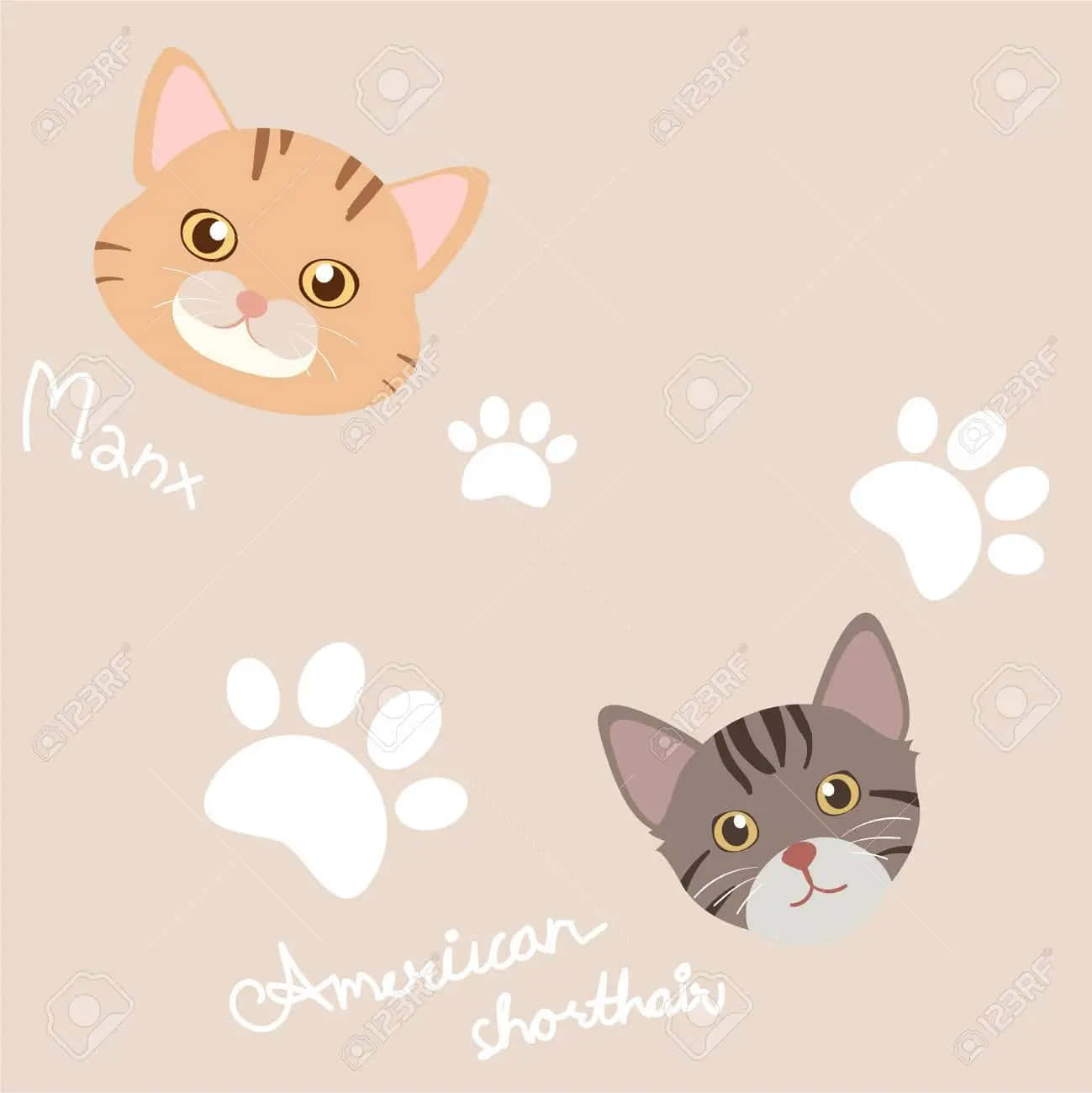 Two Cats With Paw Prints On A Beige Background Wallpaper