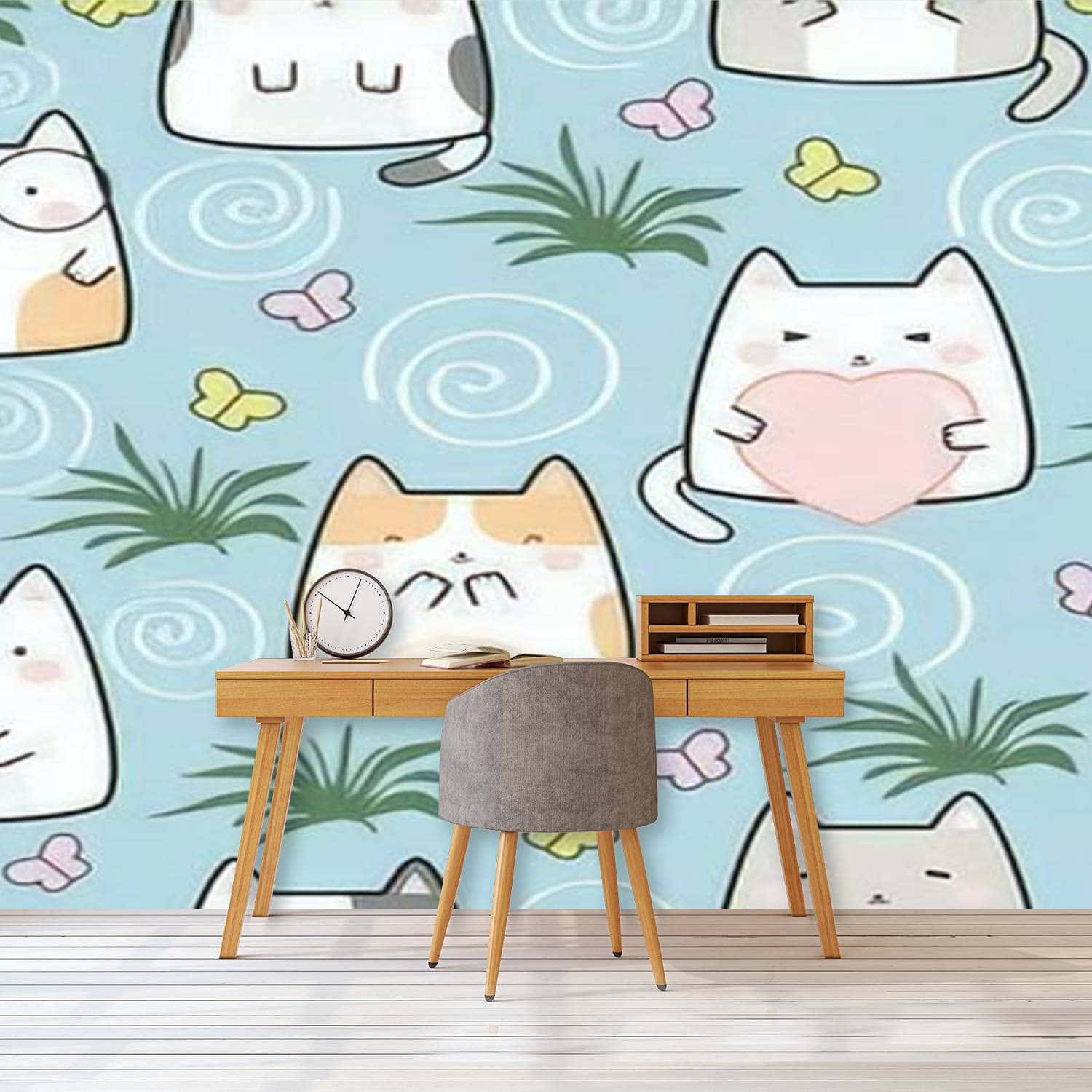 A sweet cat pattern full of pastels is perfect for any room. Wallpaper
