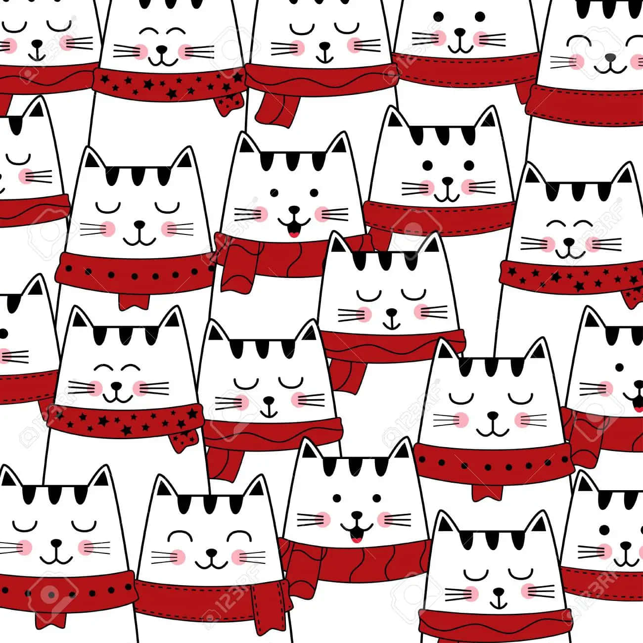Patrónde Gatos Adorables Sin Costuras Con Bufanda Roja. Fondo de pantalla