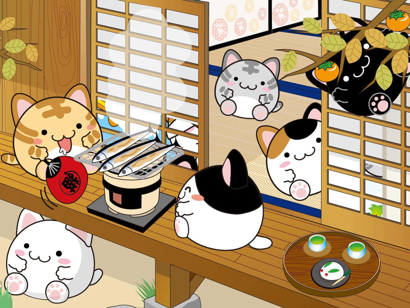 Cute Cats Enjoying Japanese Room Wallpaper