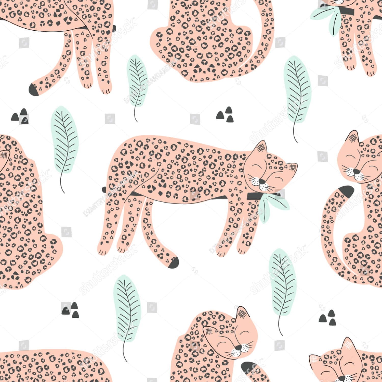 Cutes Tigerkat Print Med Bladmønster Wallpaper