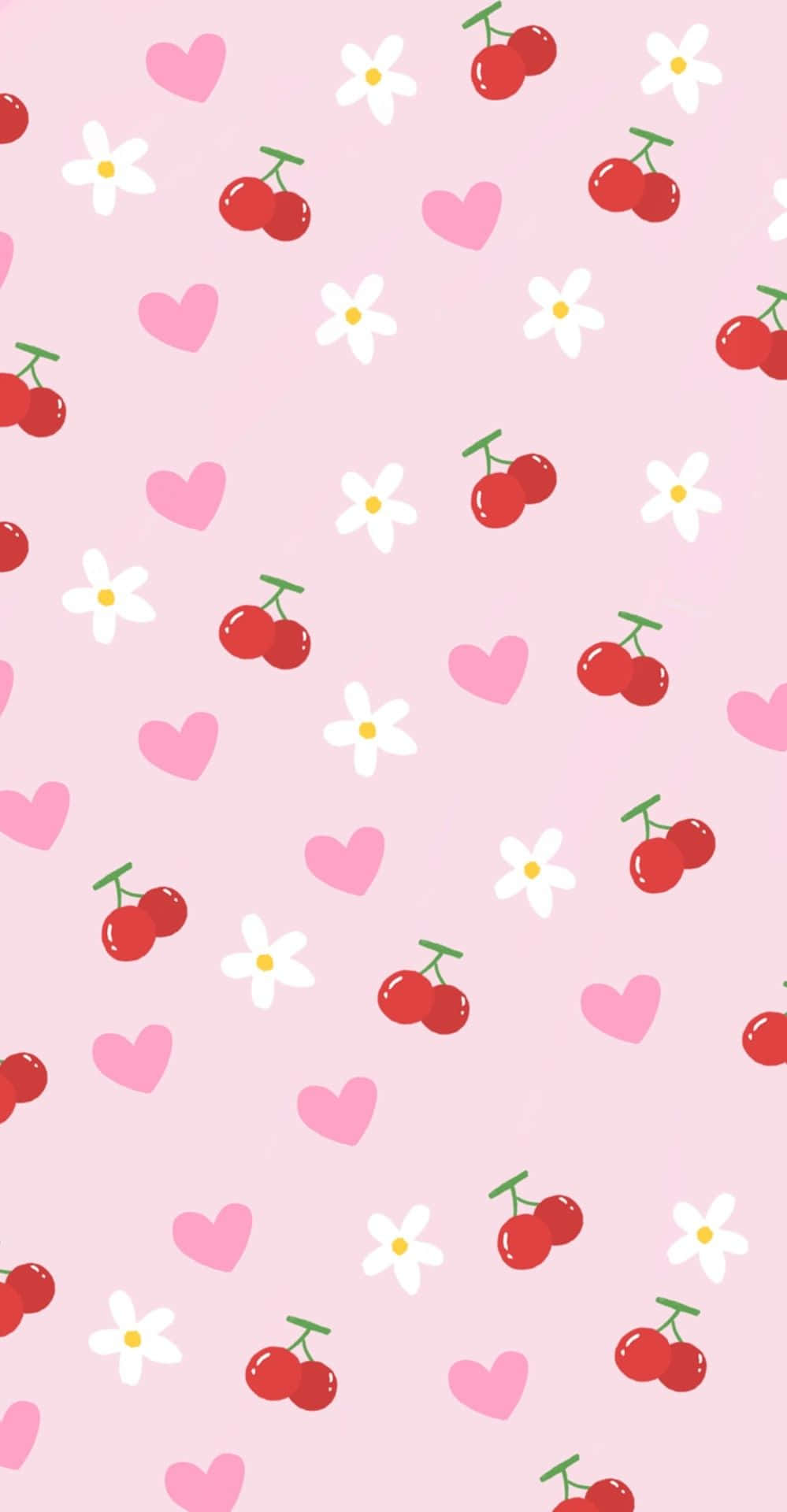 Søde kirsebær med pink hjerter og hvide blomster Wallpaper