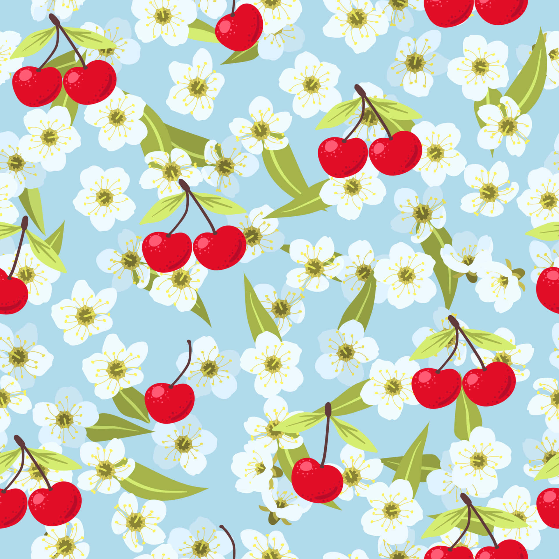 Cute Cherries With White Hibiscus Flowers Wallpaper