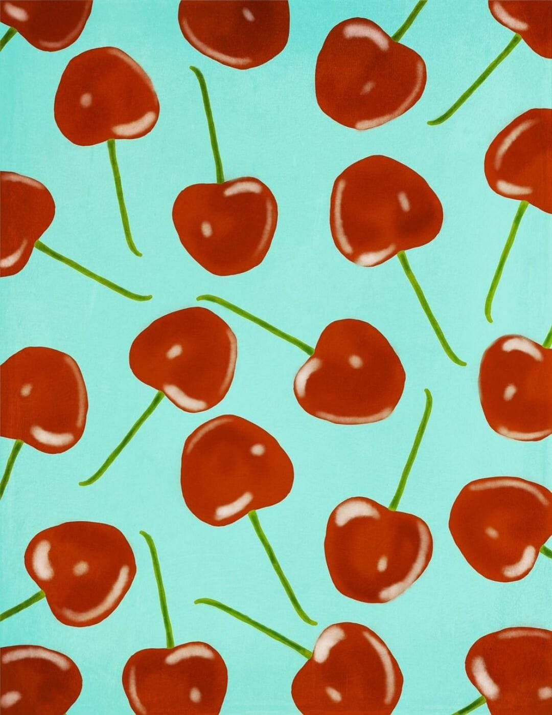 A Painting Of Cherries On A Turquoise Background Wallpaper