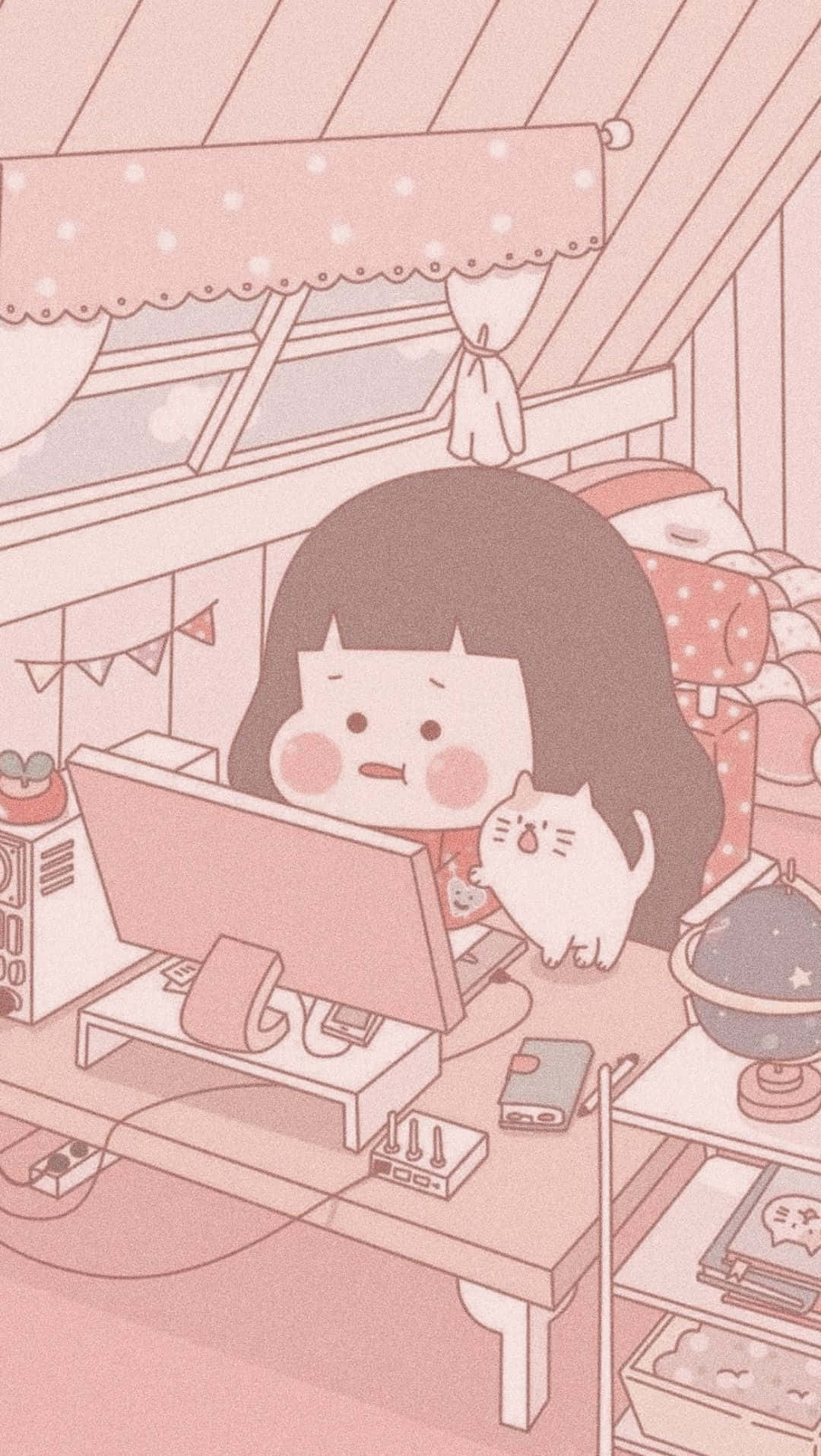 Cute Chibi Korean Anime Girl Working Wallpaper