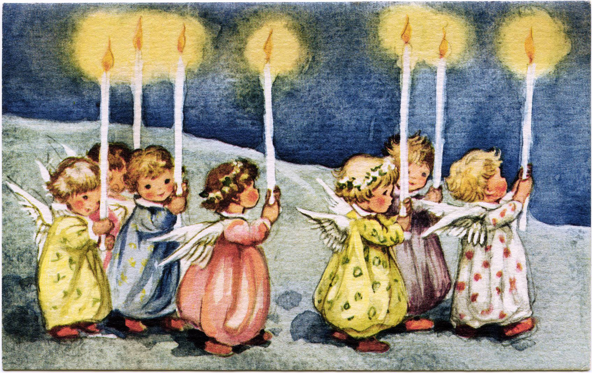 Cute Christmas Angels With Candles Wallpaper