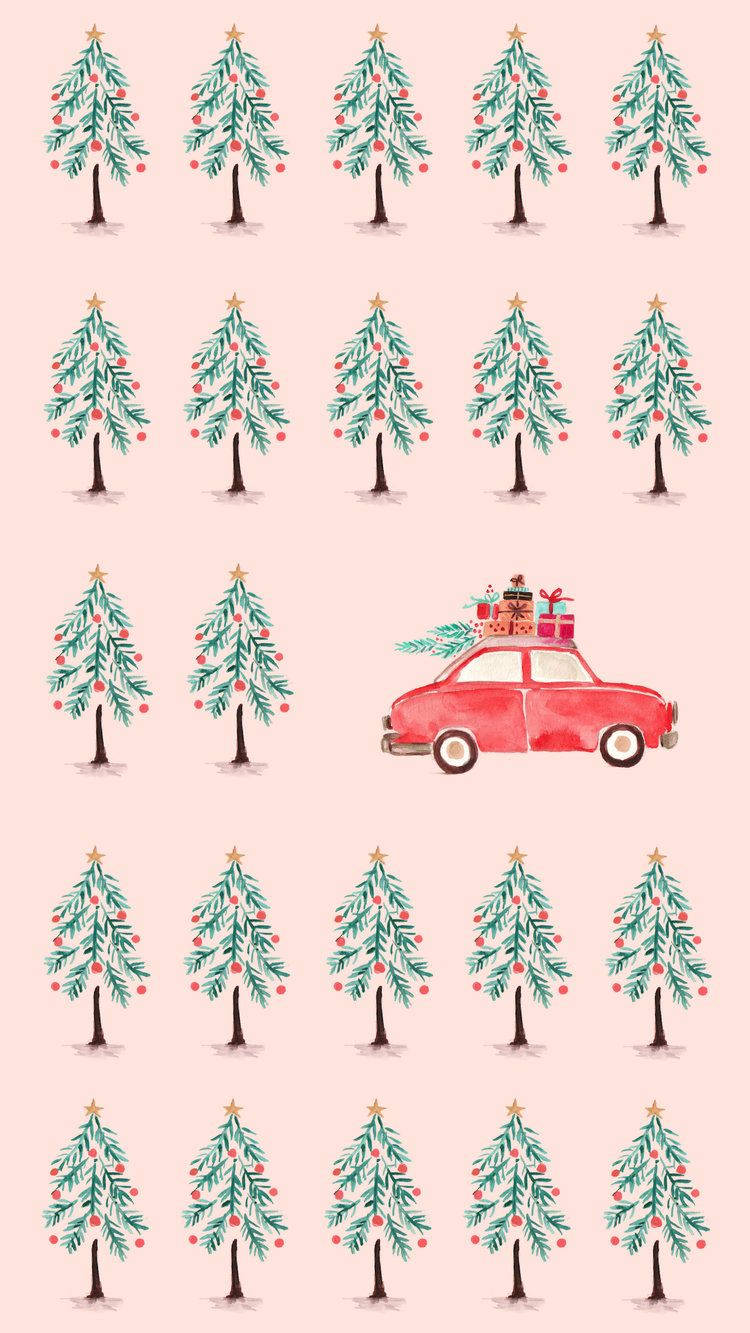 Niedlicherweihnachts-iphone-hintergrund Mit Rotem Auto Wallpaper