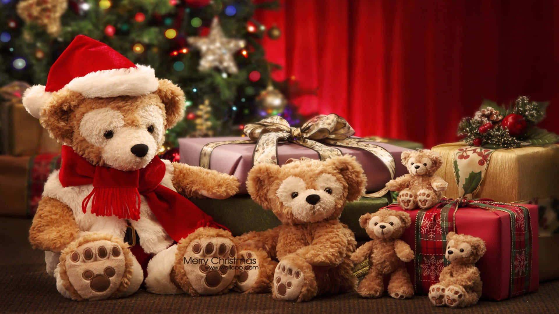 Teddybjørne, der sidder foran julegaver. Wallpaper