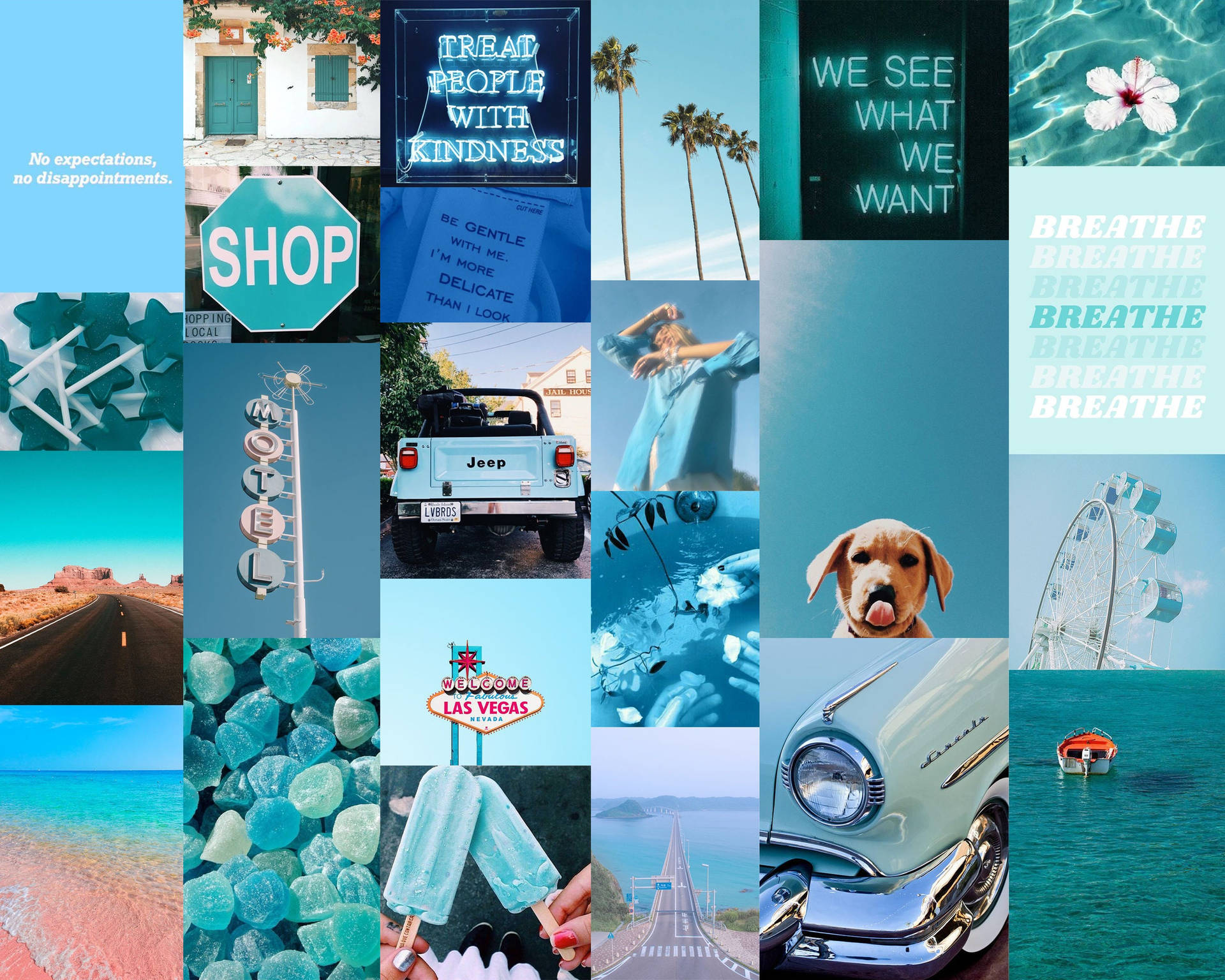 Einecollage Aus Blauen Bildern Mit Einem Auto Und Einem Strand Wallpaper