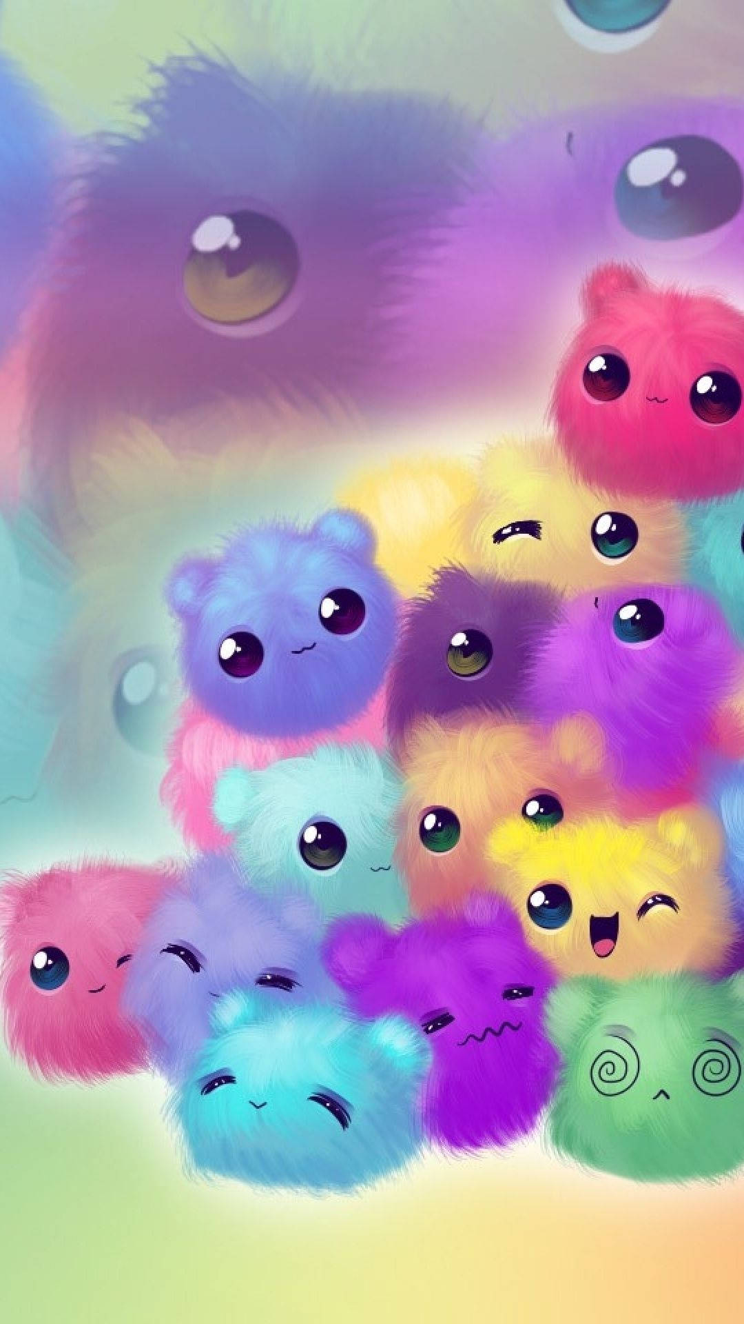 Digitally painted colorful cute fuzzy creatures wallpaper.