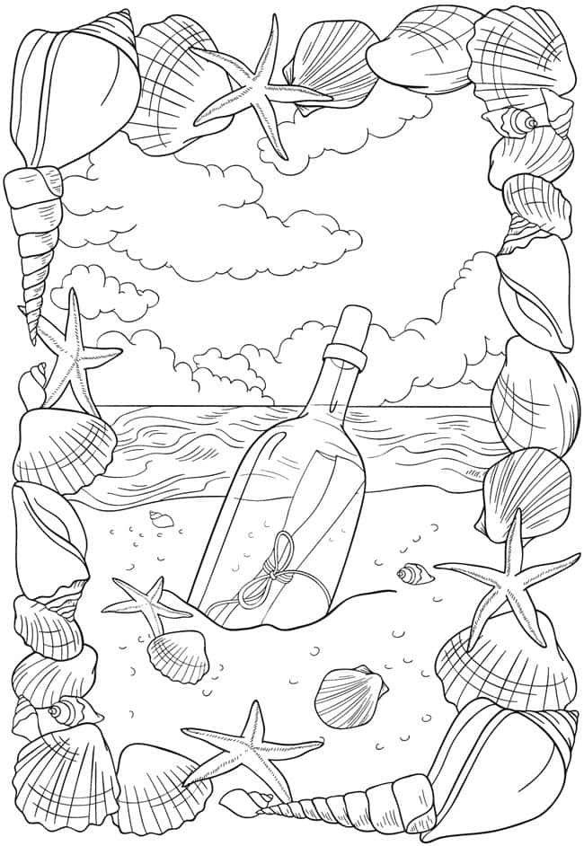 Unapágina Para Colorear De Una Concha De Mar Y Una Botella