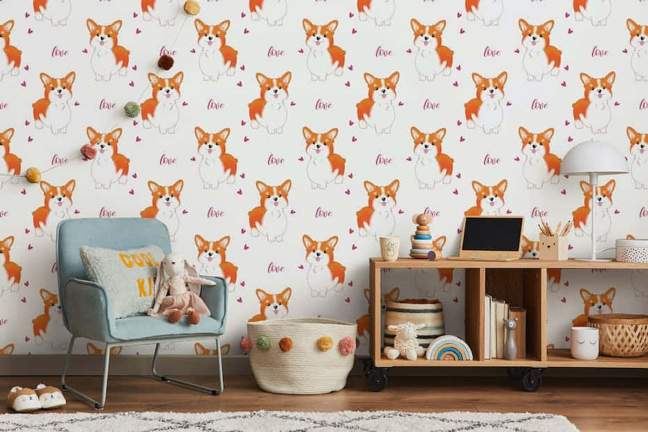 Cute Corgi Pattern Painted Wall Background