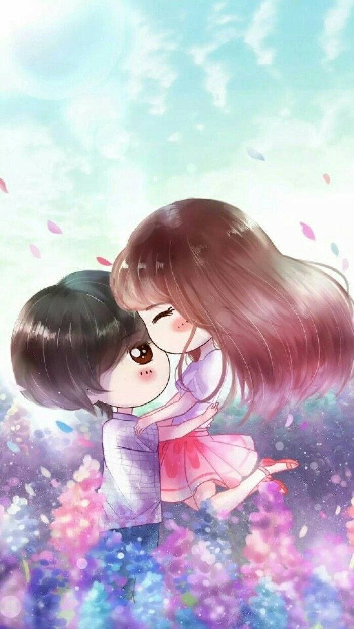 Cute Couple Cartoon Flower Garden Wallpaper