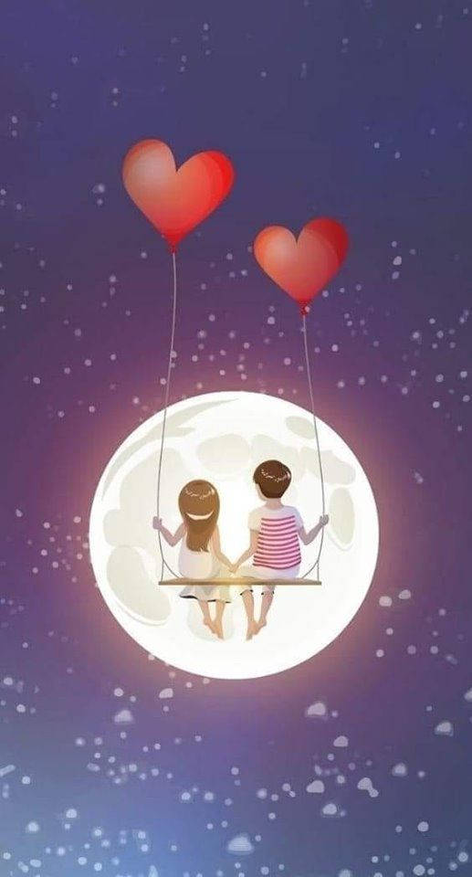 Cute Couple Cartoon Full Moon Wallpaper