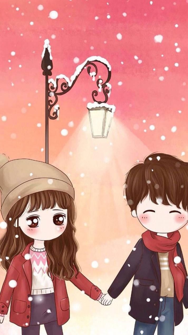 Cute Couple Cartoon In Snow Wallpaper