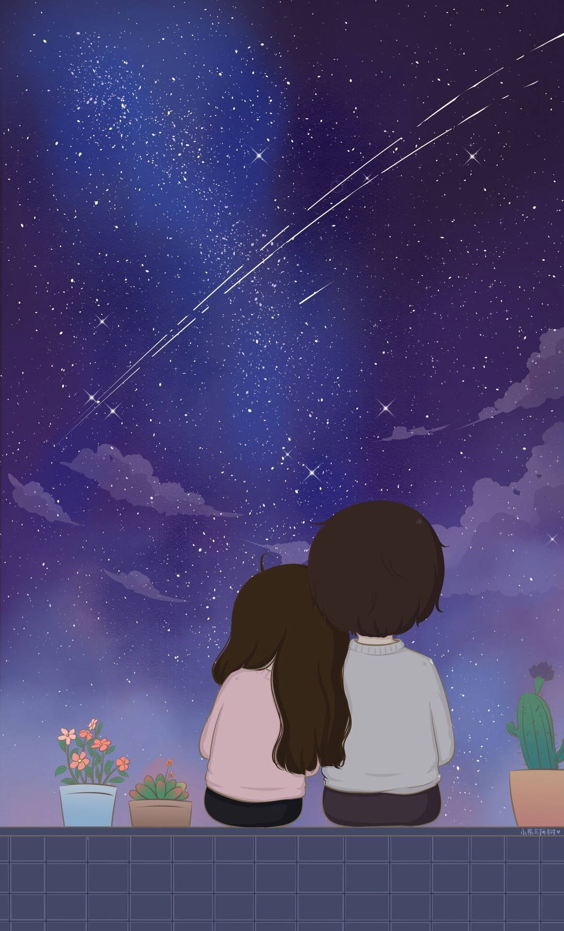 Cute Couple Cartoon Meteor Purple Sky Wallpaper