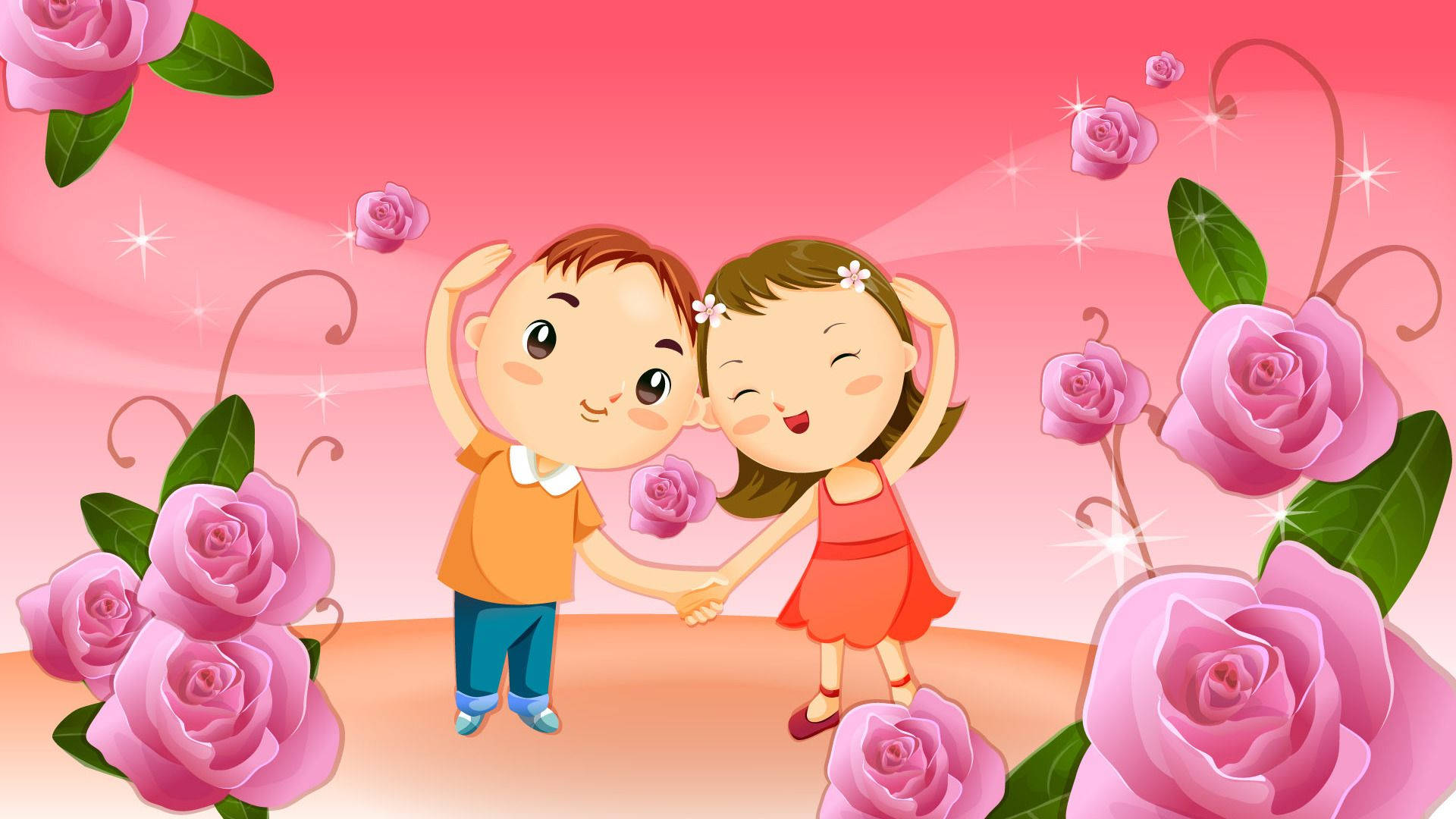 Cute Couple Cartoon Pink Roses