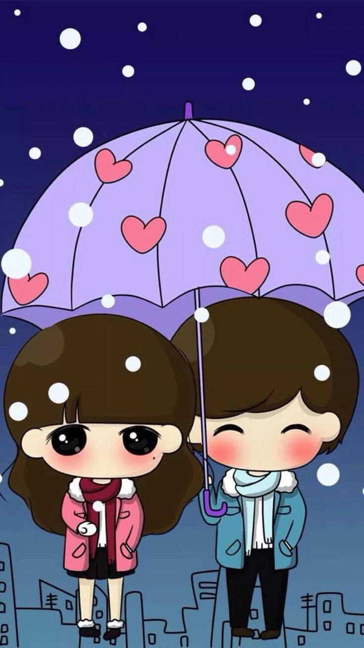Cute Couple Cartoon Purple Umbrella