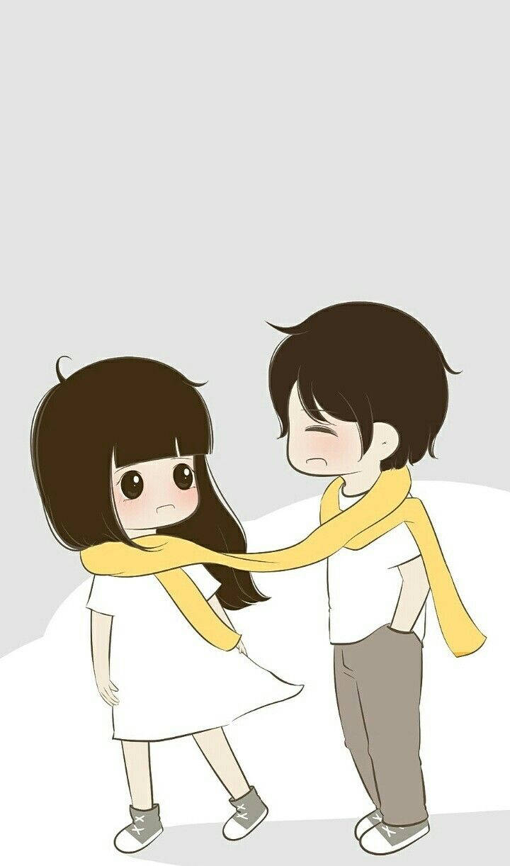 Cute Couple Cartoon Yellow Scarf Wallpaper
