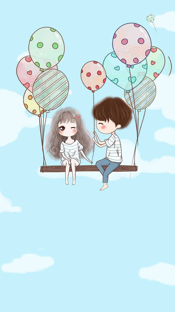 Download Cute Couple Drawing With Floating Bench Wallpaper 
