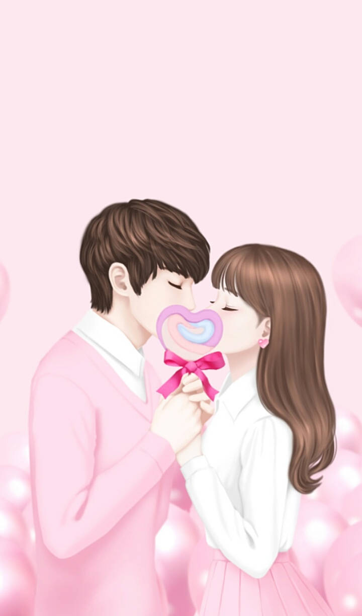 Cute Couple Holding Heart Lollipop