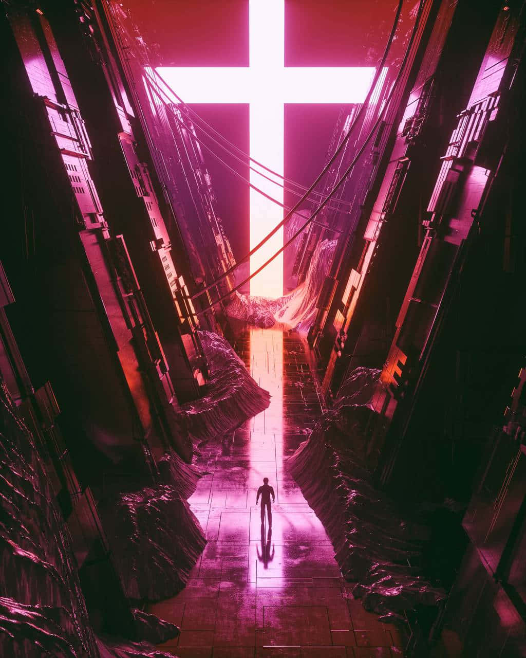 A Person Walking Through A Tunnel With A Cross In The Background Wallpaper